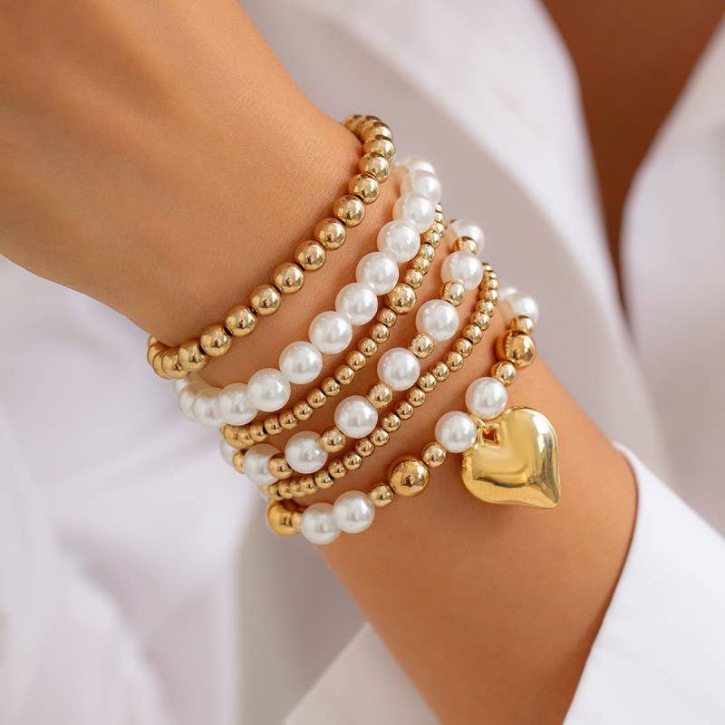 PEARL BEADED HEART BRACELET SET