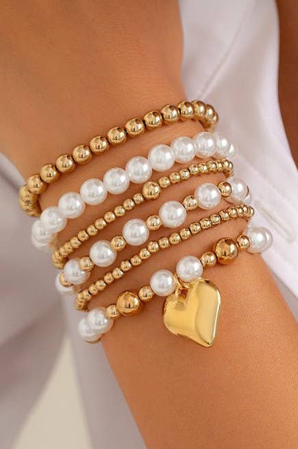 PEARL BEADED HEART BRACELET SET