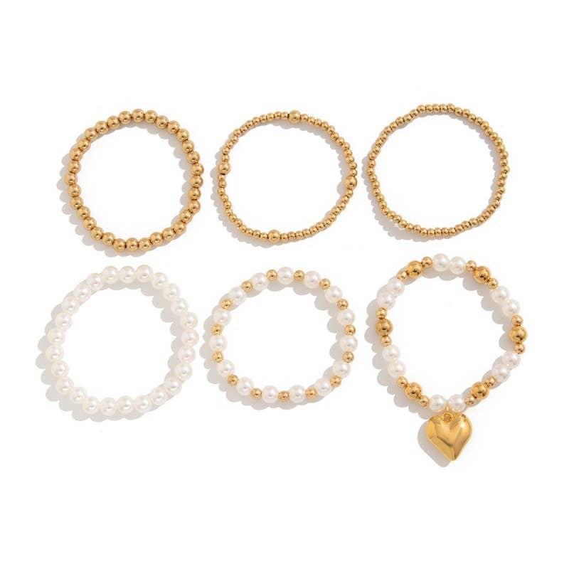 PEARL BEADED HEART BRACELET SET